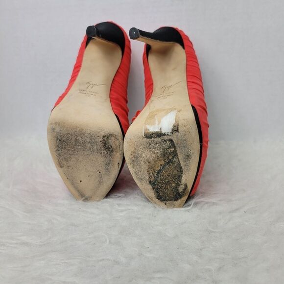 Giuseppe Zanotti Red Ruched Silk Peep Toe Platform Pumps Size 6.5 - Picture 8 of 9